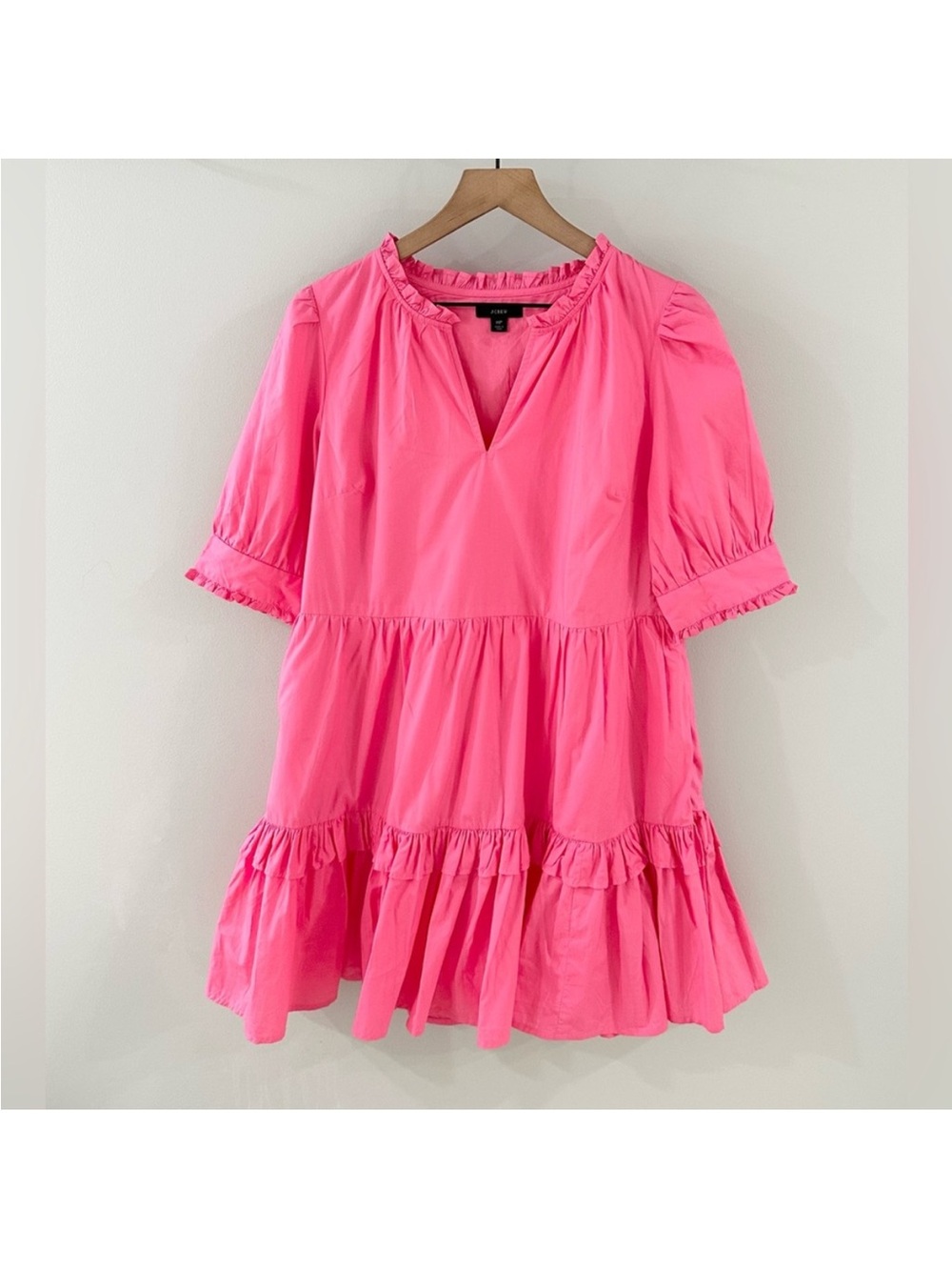NWT J. Crew sz Medium Petite PM Pink Tiered Popover Dress poplin ruffles barbie - Picture 2 of 15